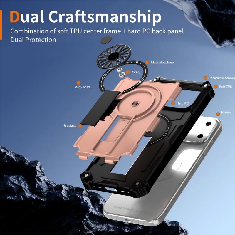 Armor Heavy Duty Magnetic Rotating Ring Kickstand Phone Case For iPhone 16 Pro, Anti-Drop Protective Cover In RoseGold