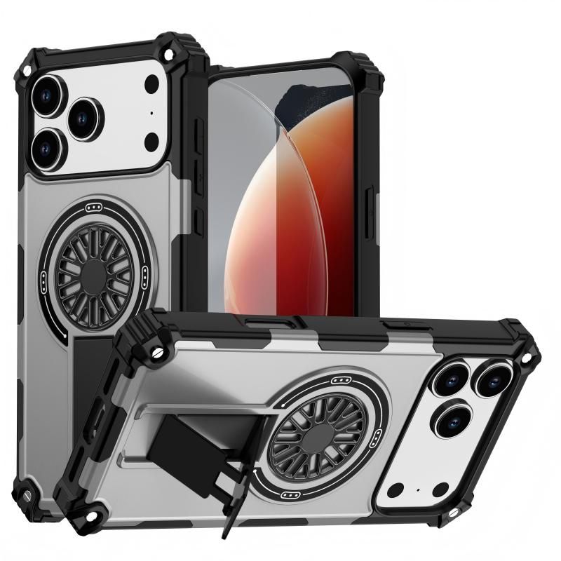 Armor Heavy Duty Magnetic Rotating Ring Kickstand Phone Case For iPhone 15, Anti-Drop Protective Cover In Silver
