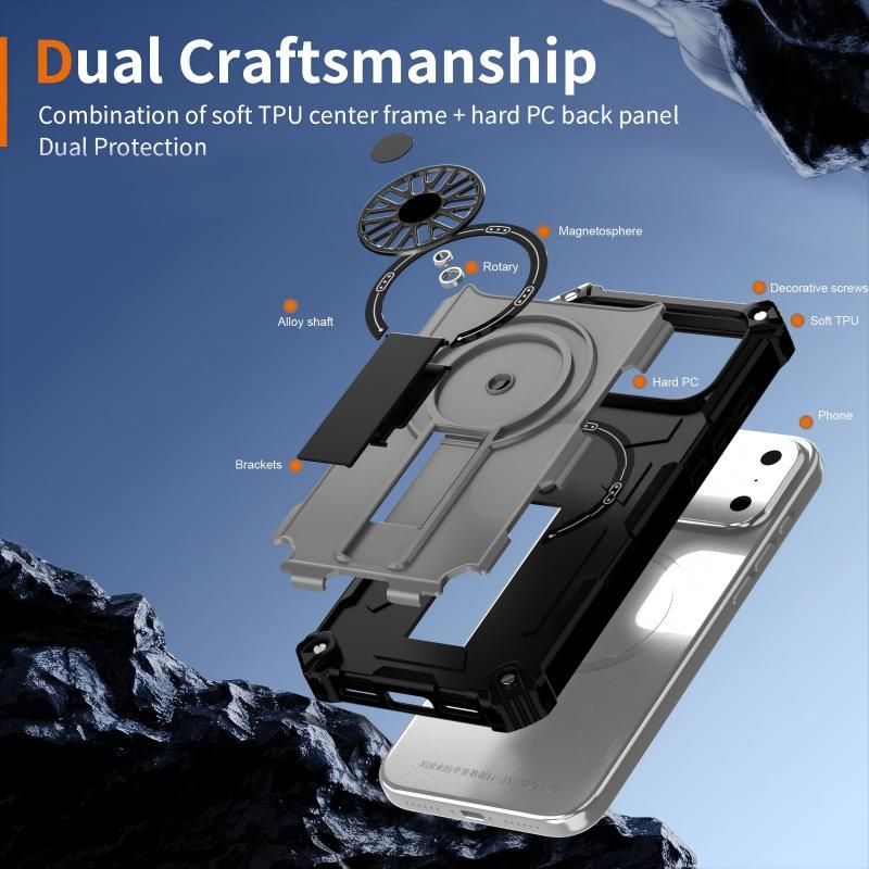 Armor Heavy Duty Magnetic Rotating Ring Kickstand Phone Case For iPhone 15, Anti-Drop Protective Cover In Silver