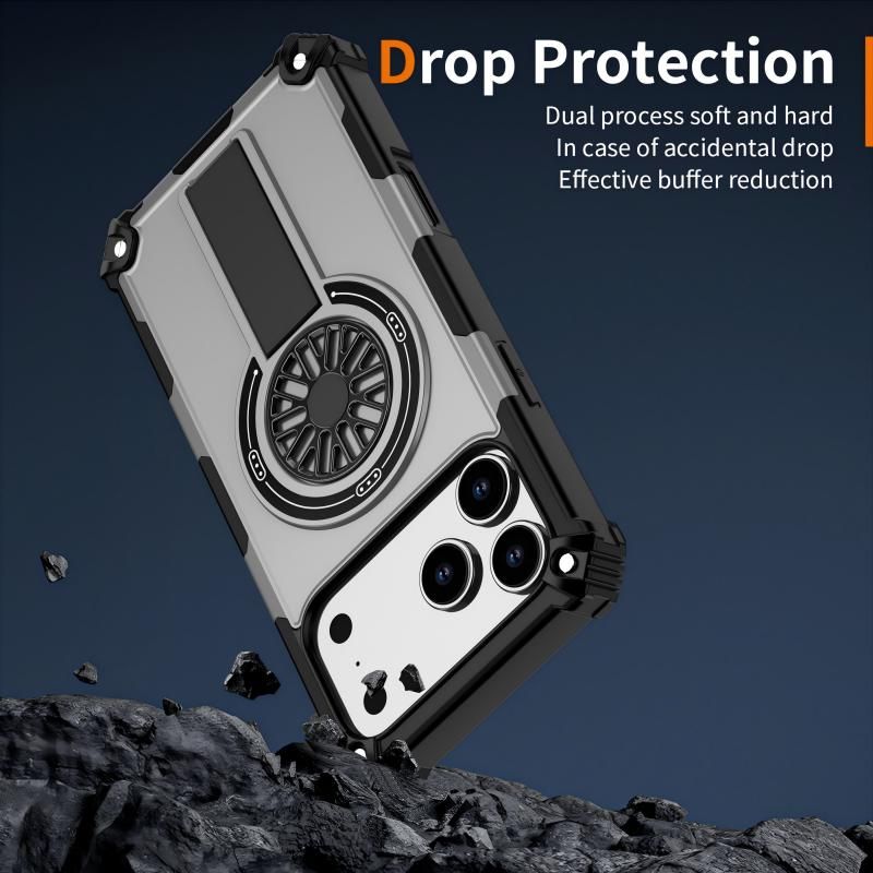 Armor Heavy Duty Magnetic Rotating Ring Kickstand Phone Case For iPhone 15 Plus, Anti-Drop Protective Cover In Silver