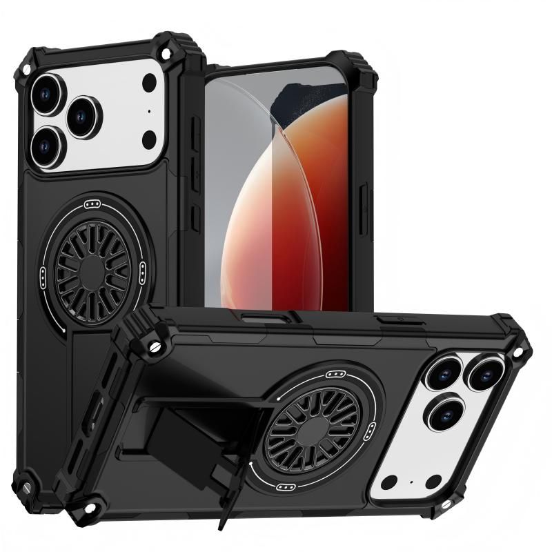 Armor Heavy Duty Magnetic Rotating Ring Kickstand Phone Case For iPhone 15 Pro, Anti-Drop Protective Cover In Black