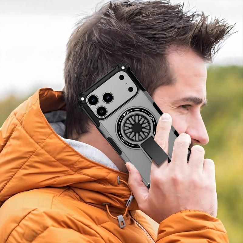 Armor Heavy Duty Magnetic Rotating Ring Kickstand Phone Case For iPhone 15 Pro, Anti-Drop Protective Cover In Silver