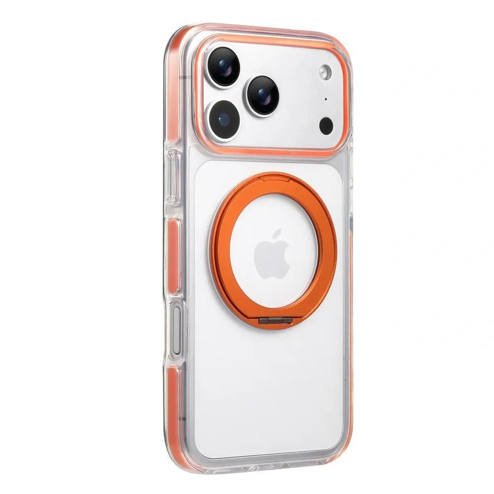 Clear MagSafe iPhone 17 Pro Max Case with 360° Rotating Ring Stand - Orange Edition