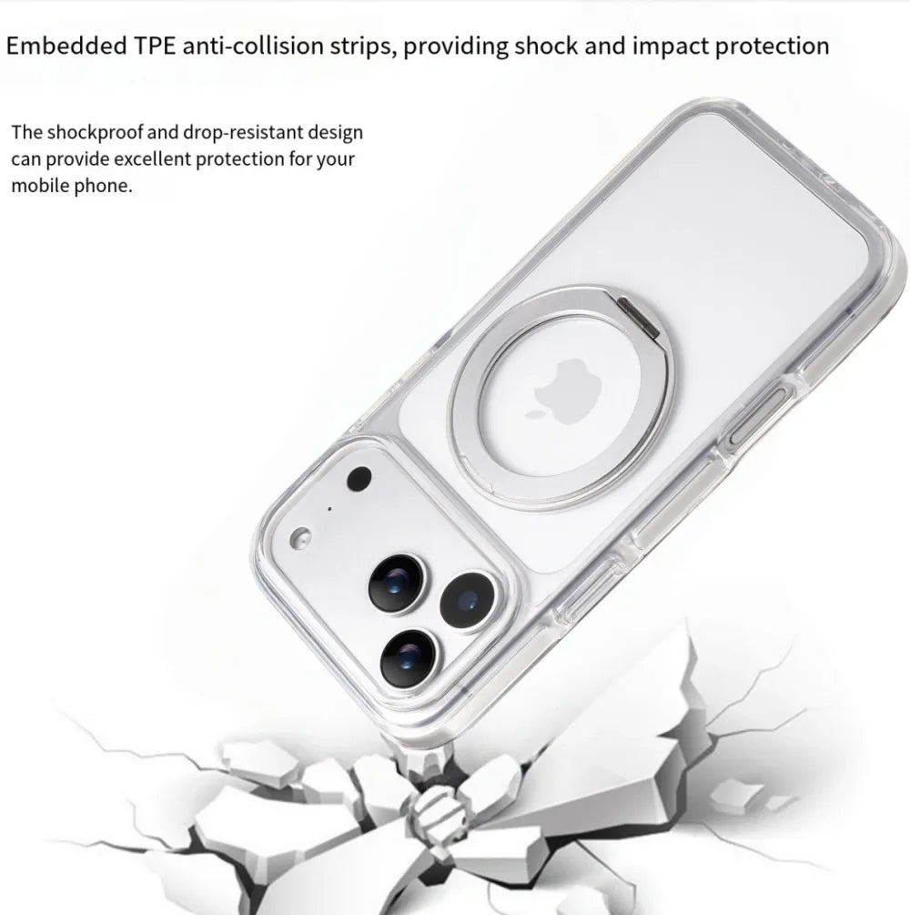 Clear MagSafe iPhone 17 Pro Max Case with 360° Rotating Ring Stand - Silver Edition
