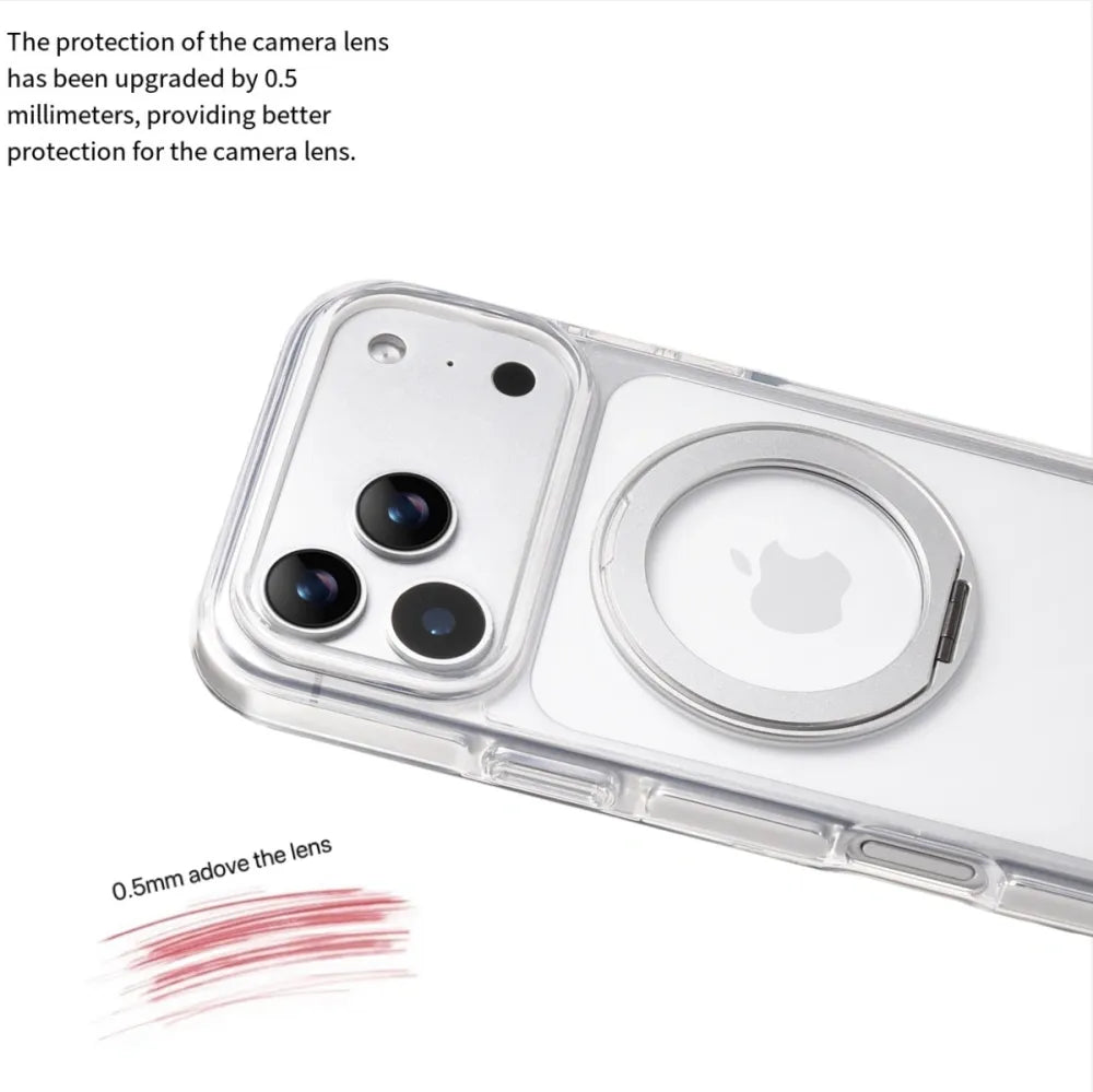 Clear MagSafe iPhone 17 Pro Max Case with 360° Rotating Ring Stand - Silver Edition