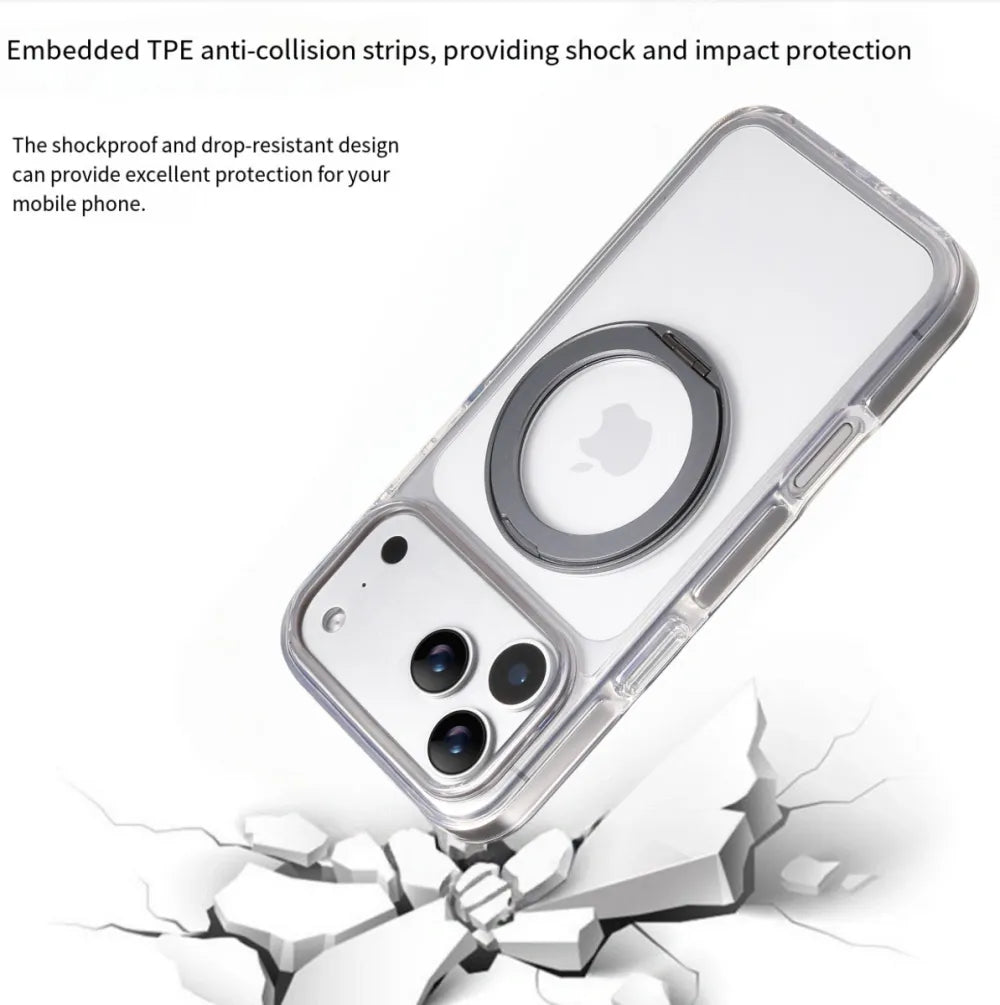 Clear MagSafe iPhone 17 Pro Case with 360° Rotating Ring Stand - Grey Edition