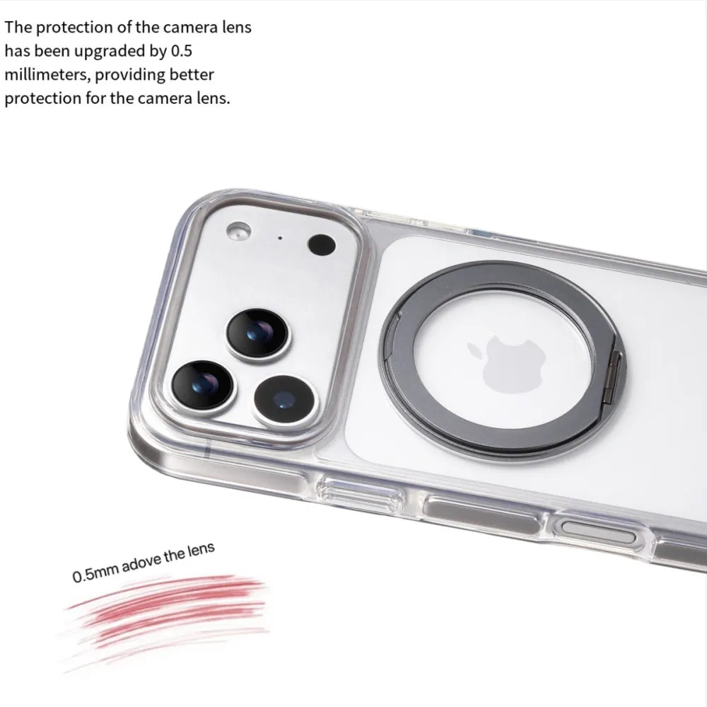 Clear MagSafe iPhone 17 Pro Case with 360° Rotating Ring Stand - Grey Edition
