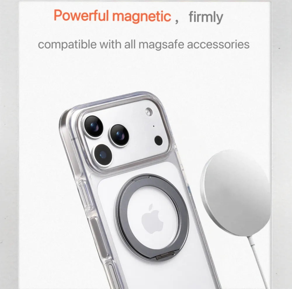 Clear MagSafe iPhone 17 Pro Max Case with 360° Rotating Ring Stand - Grey Edition