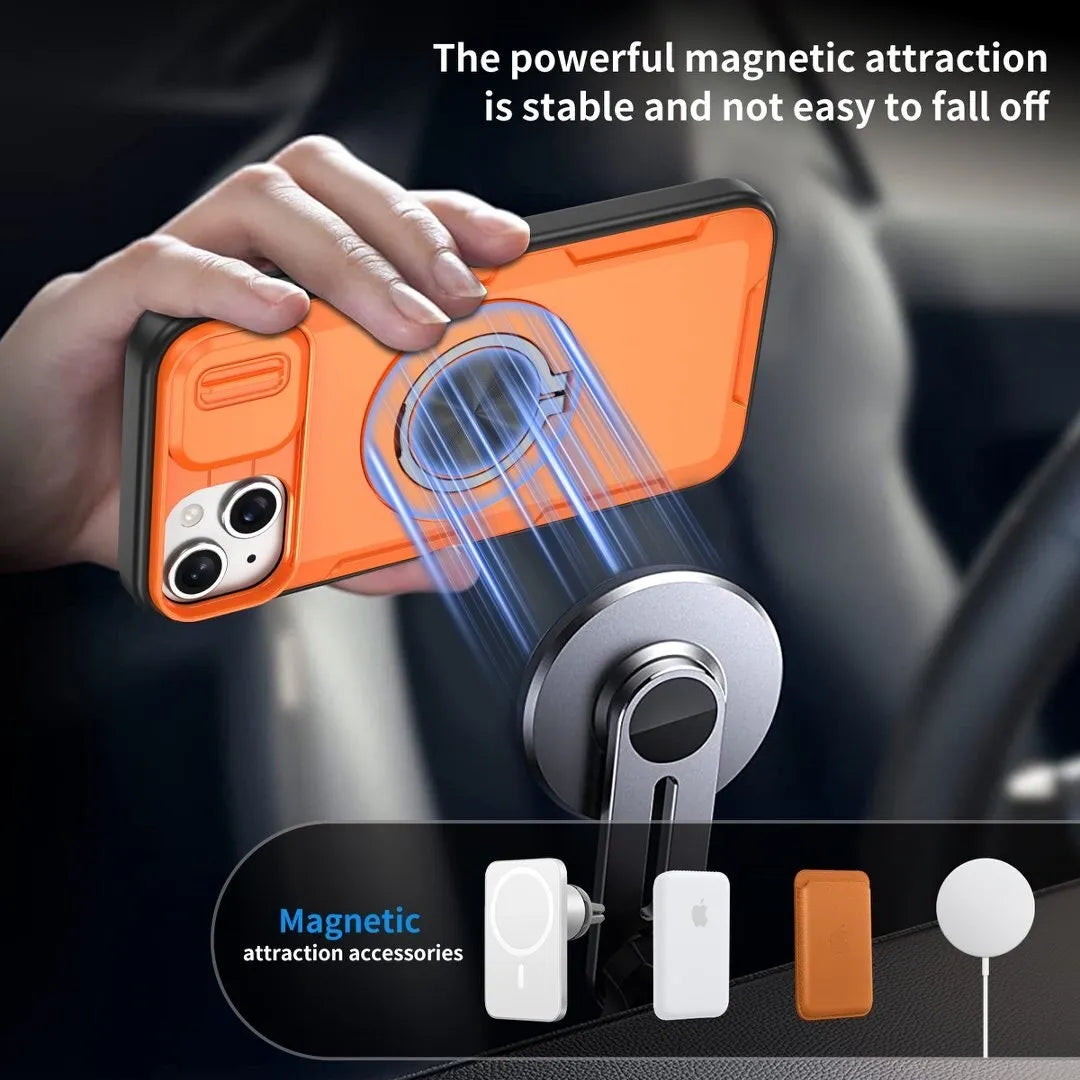 2-in-1 Magnetic Sliding Lens Case, Orange for iPhone 14
