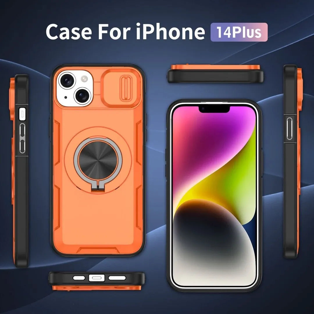 2-in-1 Magnetic Sliding Lens Case, Orange for iPhone 14 Plus