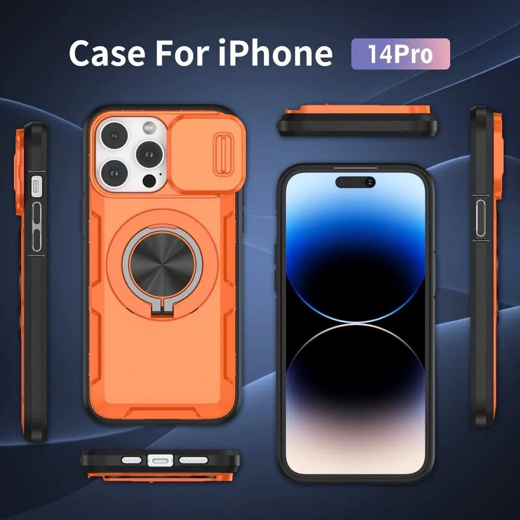 2-in-1 Magnetic Sliding Lens Case, Orange for iPhone 14 Pro