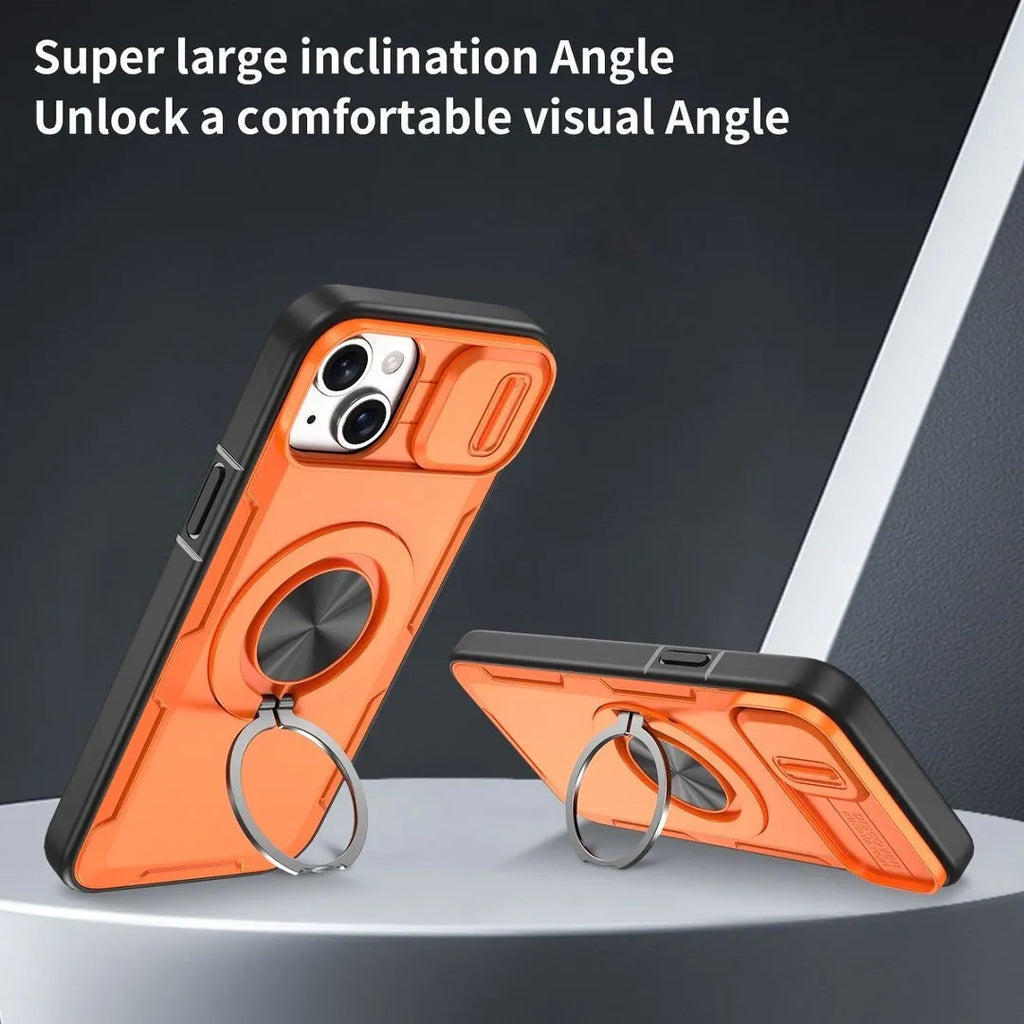 2-in-1 Magnetic Sliding Lens Case, Orange for iPhone 15
