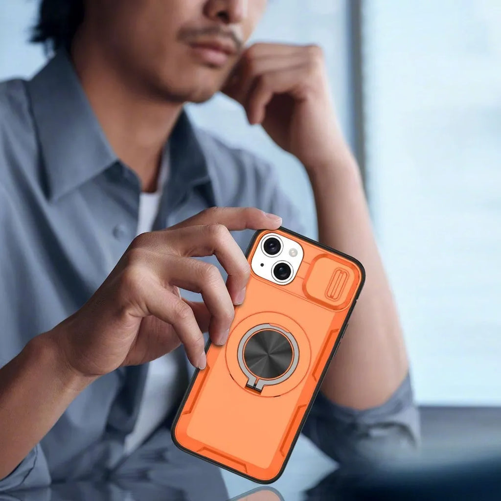 2-in-1 Magnetic Sliding Lens Case, Orange for iPhone 15