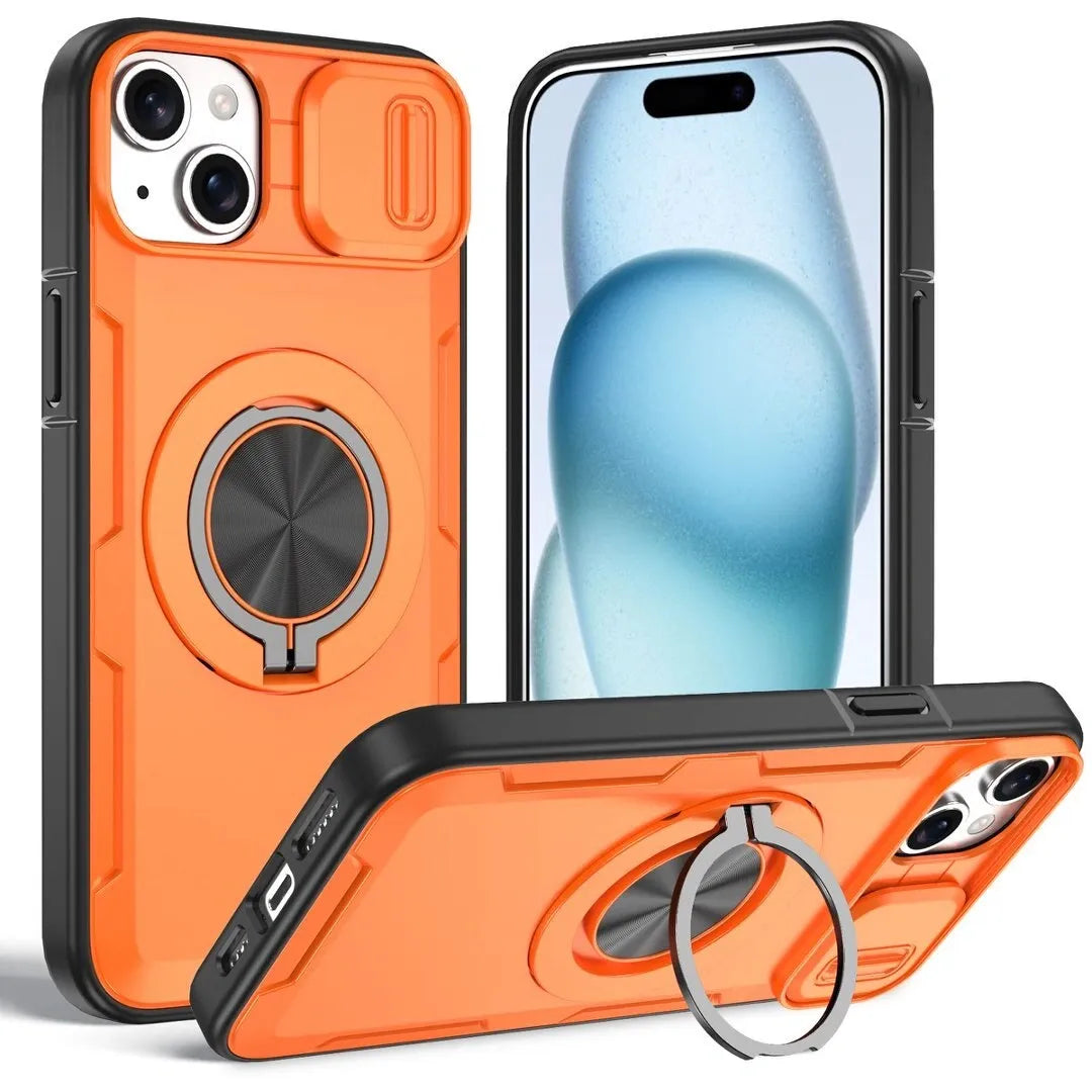 2-in-1 Magnetic Sliding Lens Case, Orange for iPhone 15 Plus