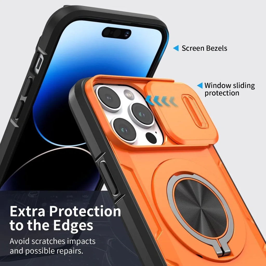 2-in-1 Magnetic Sliding Lens Case, Orange for iPhone 15 Pro Max