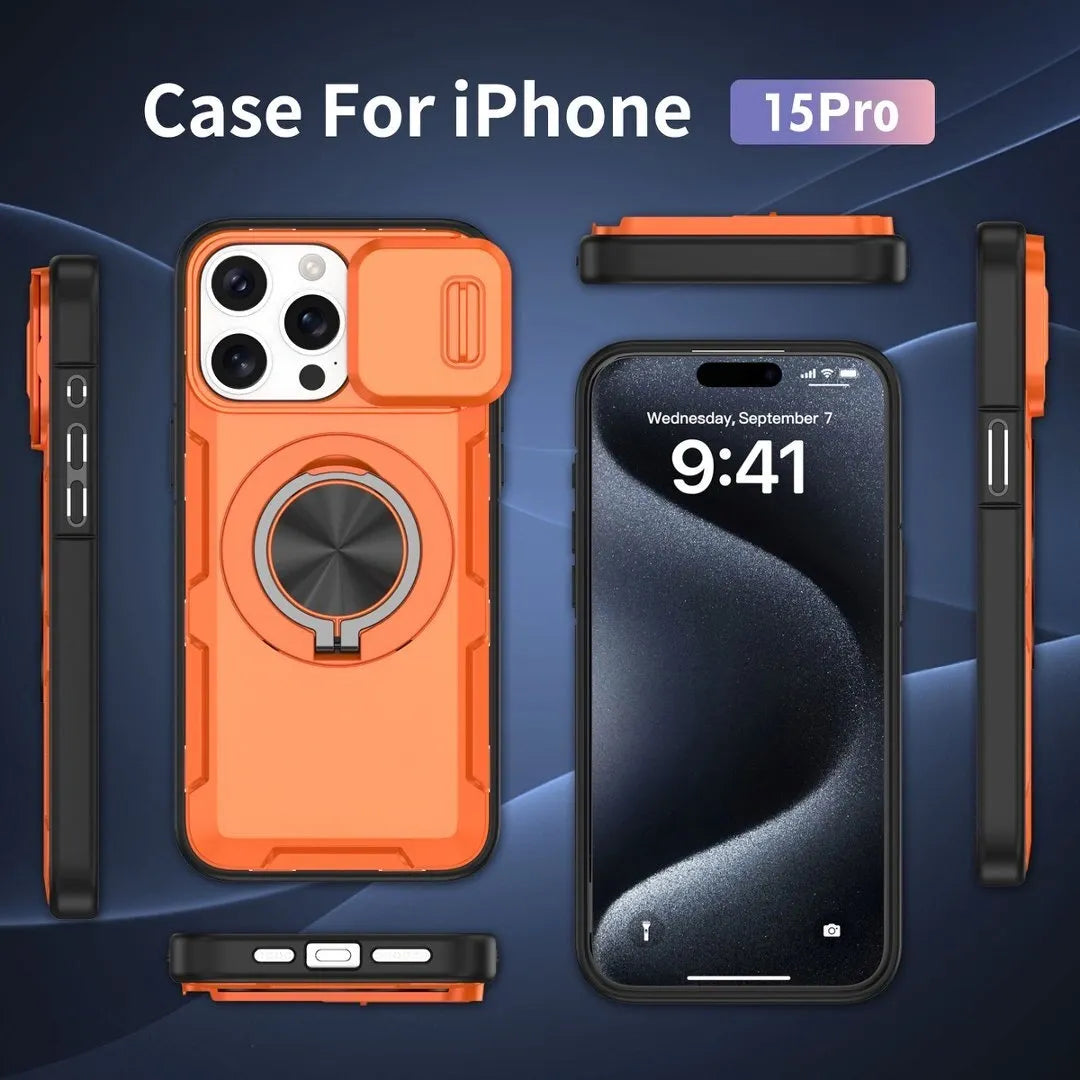 2-in-1 Magnetic Sliding Lens Case, Orange for iPhone 15 Pro