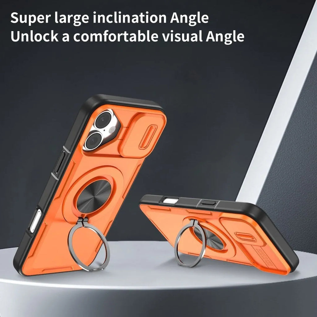 2-in-1 Magnetic Sliding Lens Case, Orange for iPhone 16 Plus