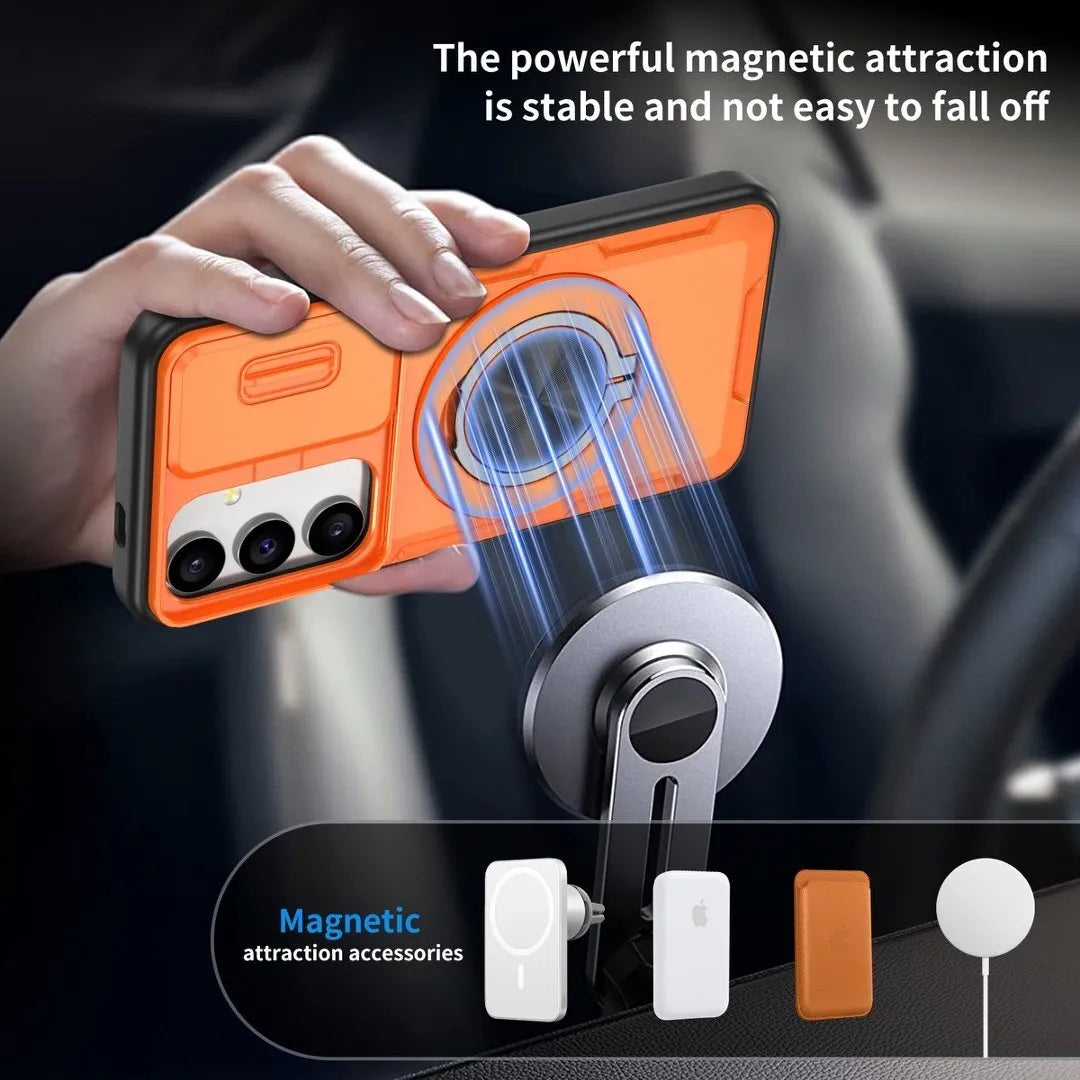 2-in-1 Magnetic Sliding Lens Case, Orange for Samsung S25