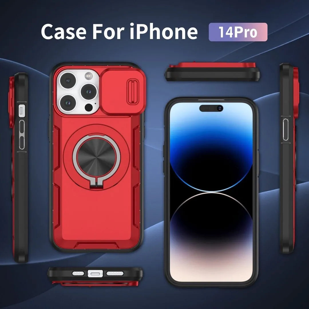 2-in-1 Magnetic Sliding Lens Case, Red for iPhone 14 Pro