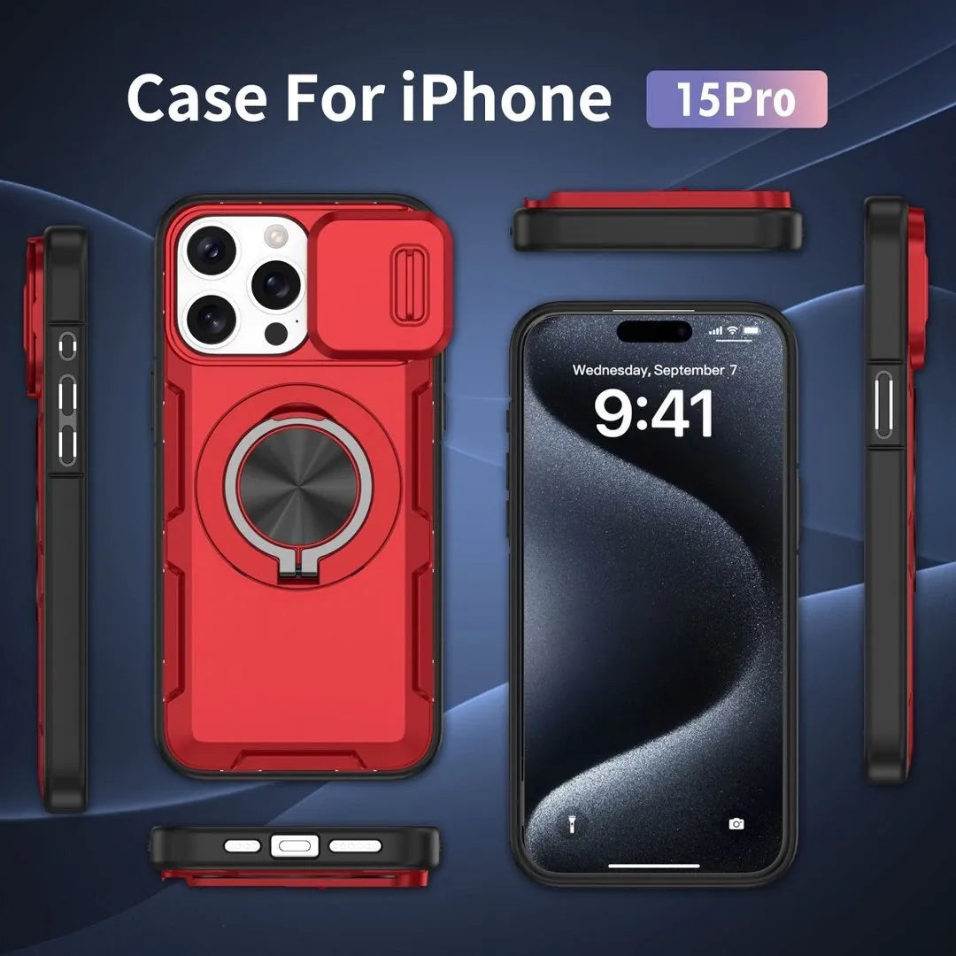 2-in-1 Magnetic Sliding Lens Case, Red for iPhone 15 Pro