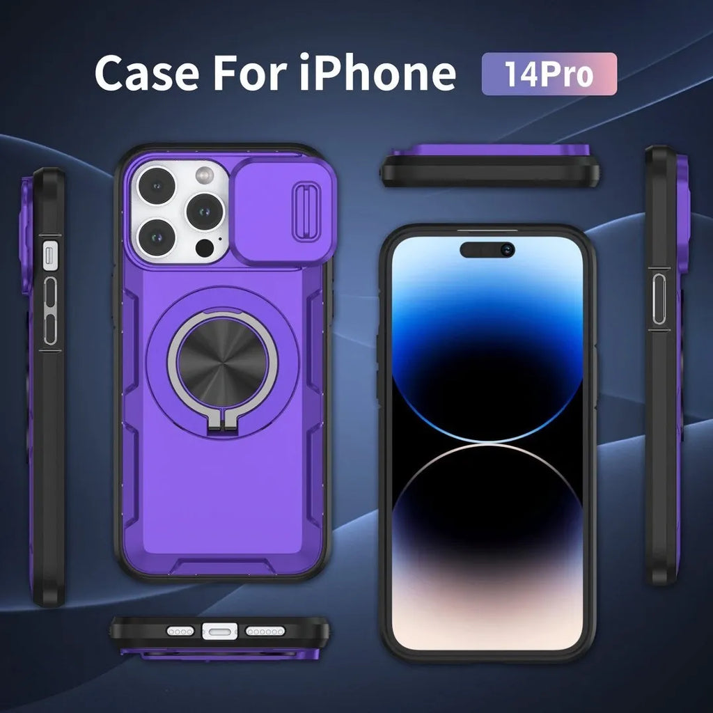 2-in-1 Magnetic Sliding Lens Case, Purple for iPhone 14 Pro