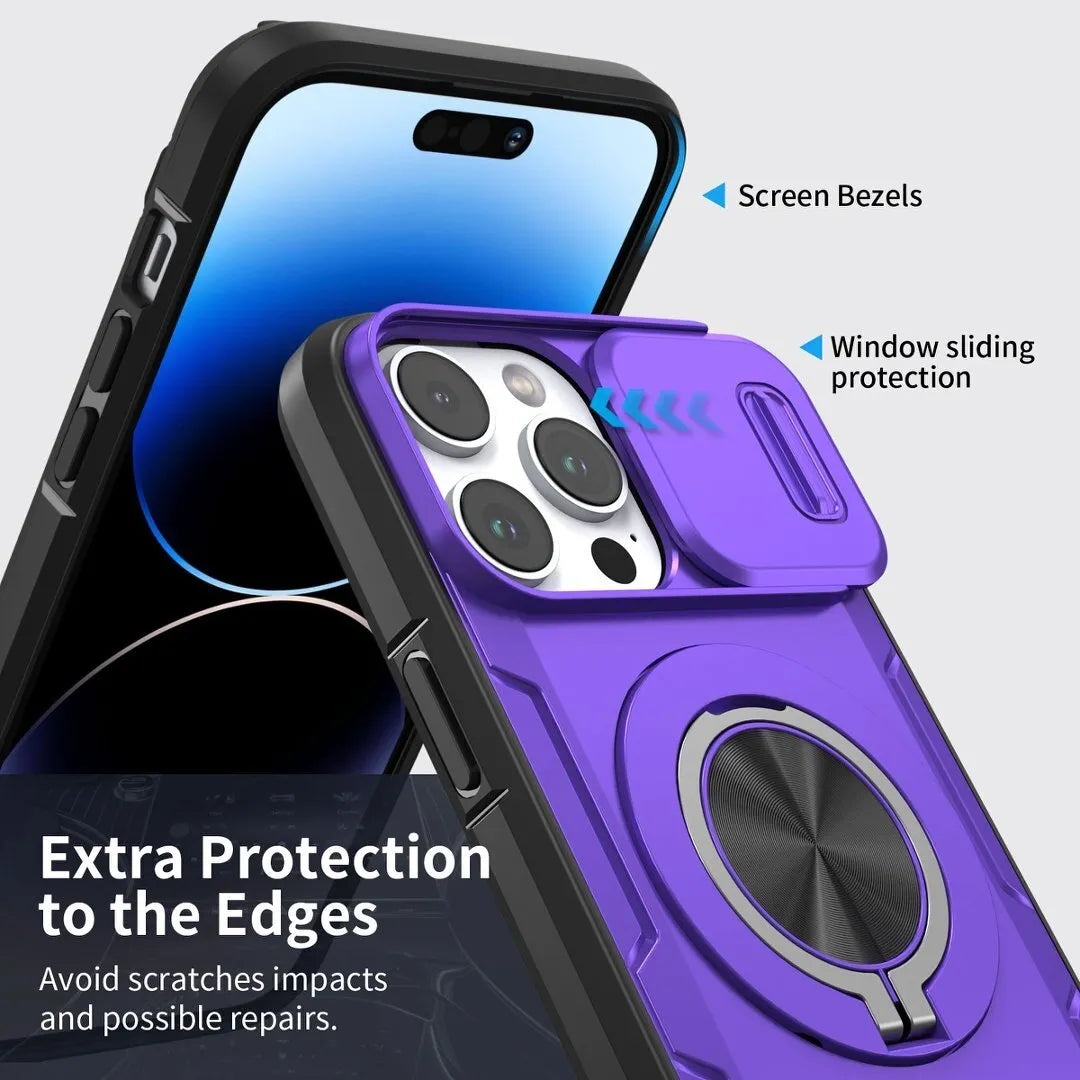 2-in-1 Magnetic Sliding Lens Case, Purple for iPhone 14 Pro
