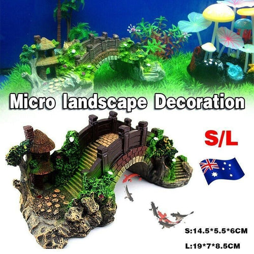 Aquarium Fish Tank Ornament Bridge Resin Rock Pavilion Tree Landscape Decoration - L:19*7*8.5CM