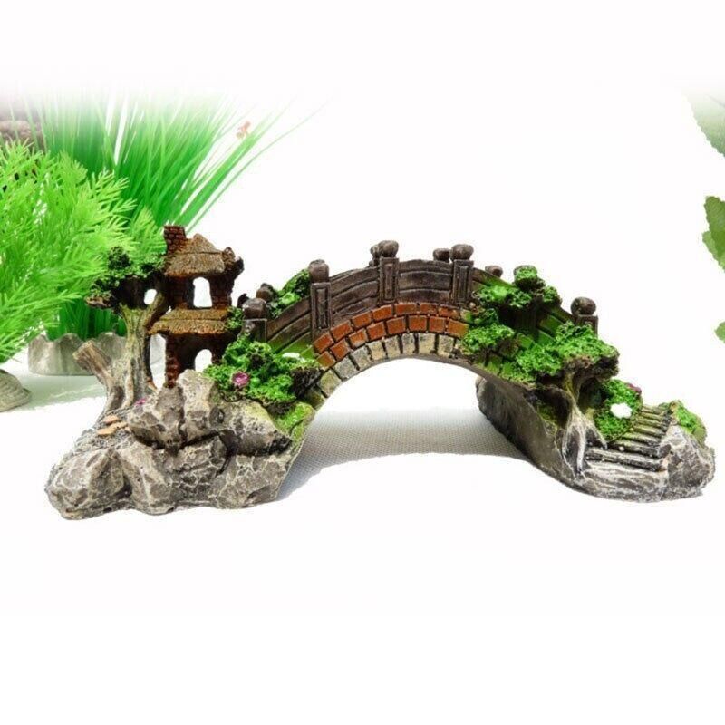 Aquarium Fish Tank Ornament Bridge Resin Rock Pavilion Tree Landscape Decoration - L:19*7*8.5CM