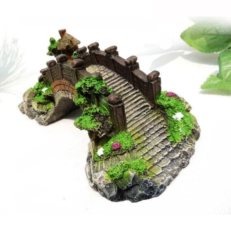 Aquarium Fish Tank Ornament Bridge Resin Rock Pavilion Tree Landscape Decoration - L:19*7*8.5CM