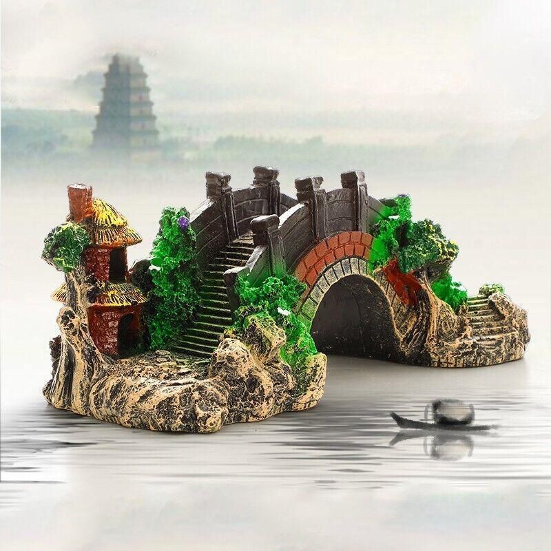Aquarium Fish Tank Ornament Bridge Resin Rock Pavilion Tree Landscape Decoration - L:19*7*8.5CM
