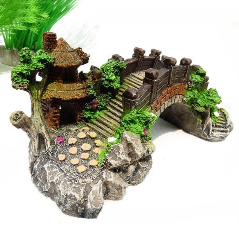 Aquarium Fish Tank Ornament Bridge Resin Rock Pavilion Tree Landscape Decoration - L:19*7*8.5CM