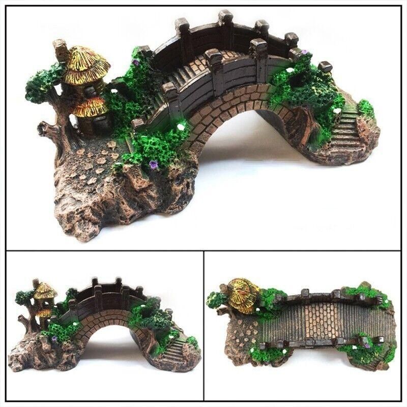 Aquarium Fish Tank Ornament Bridge Resin Rock Pavilion Tree Landscape Decoration - L:19*7*8.5CM