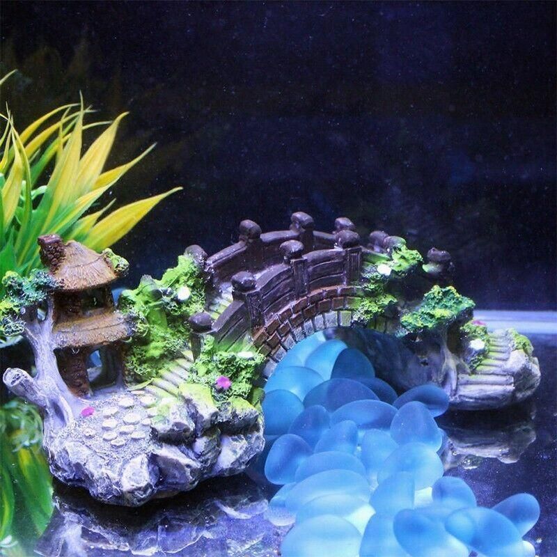 Aquarium Fish Tank Ornament Bridge Resin Rock Pavilion Tree Landscape Decoration - L:19*7*8.5CM