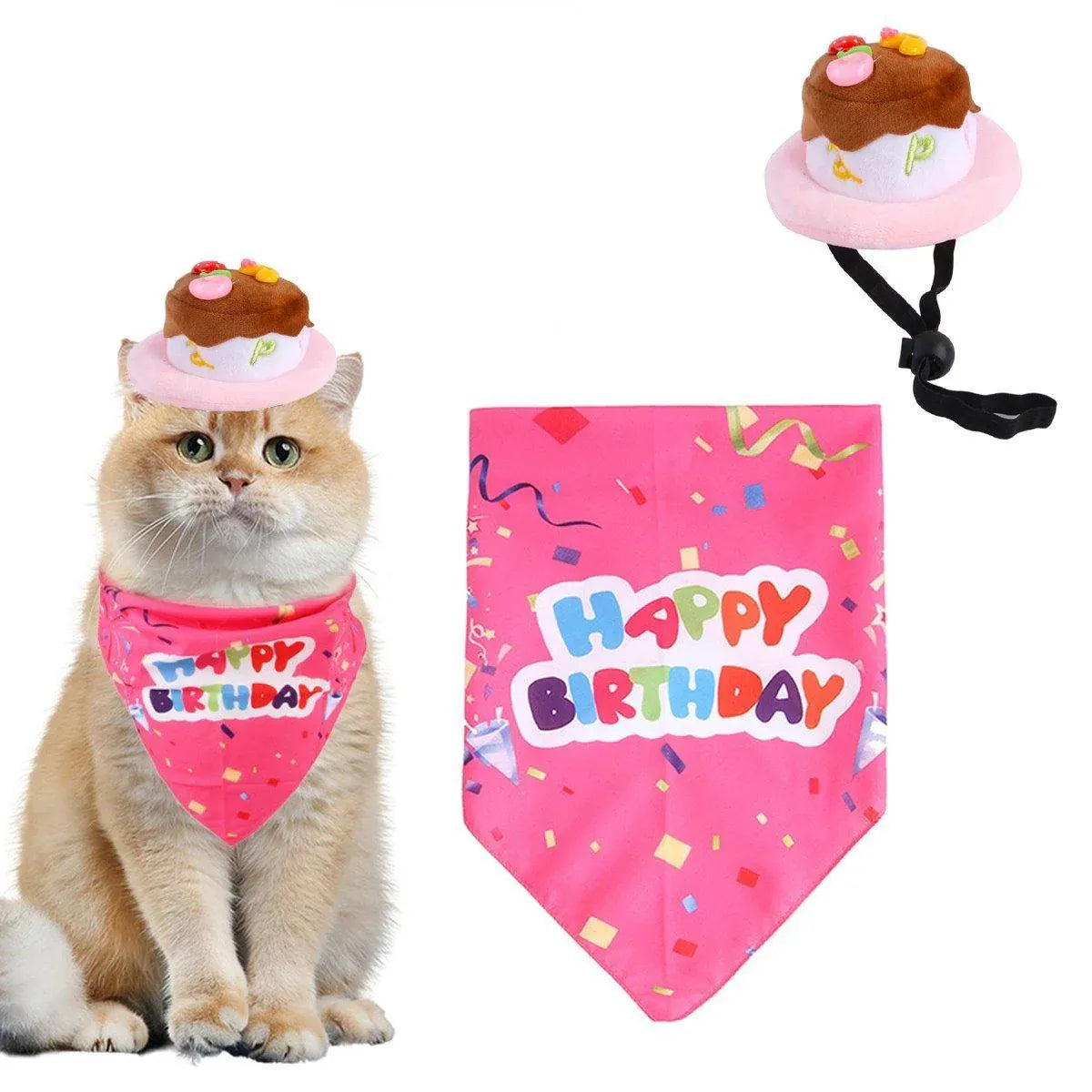 Pet Birthday Cake Hat and Triangle Towel combination Fun Party Dress Up for Pets - Pink