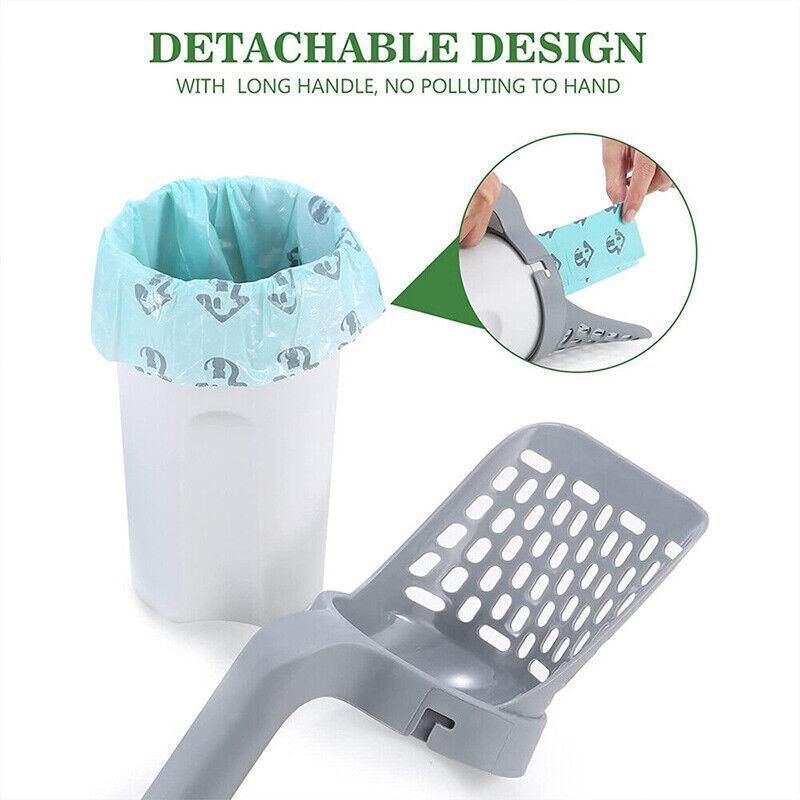 Cat Litter Scoop Integrated Detachable Shovel Holder Poop Pet Sifter Cleaning - 2 Roll Garbage Bags