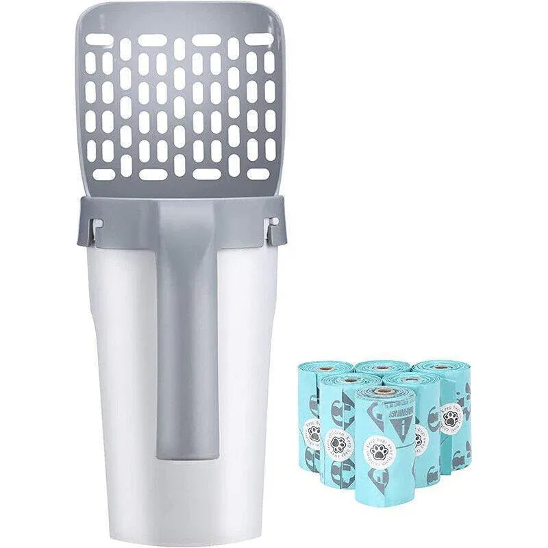 Cat Litter Scoop Integrated Detachable Shovel Holder Poop Pet Sifter Cleaning - 2 Roll Garbage Bags