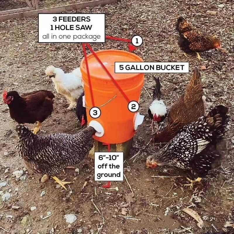 Poultry DIY Port PVC Gravity Fed Chicken Feeder for Hen Coop Farm Bucket Kit - 2 PCS Ports (No Hole Saw)