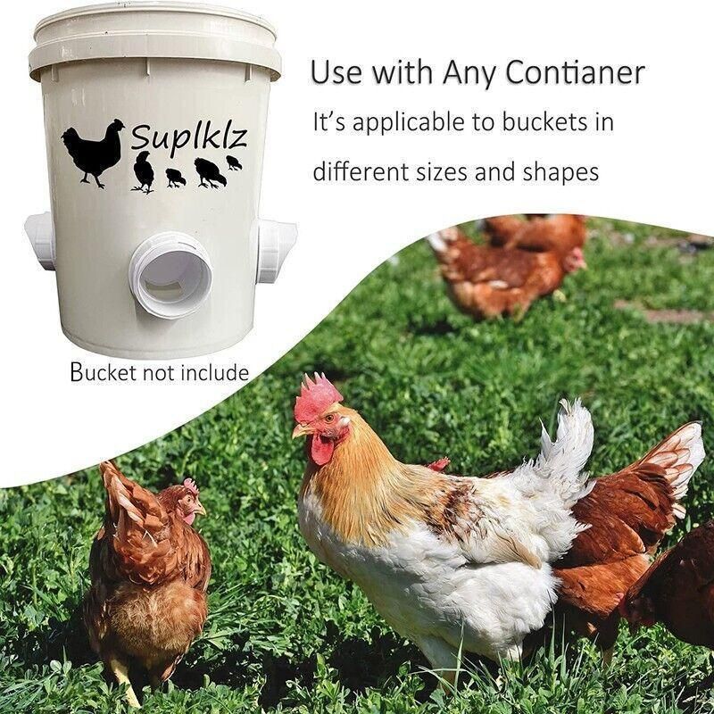 Poultry DIY Port PVC Gravity Fed Chicken Feeder for Hen Coop Farm Bucket Kit - 2 PCS Ports (No Hole Saw)