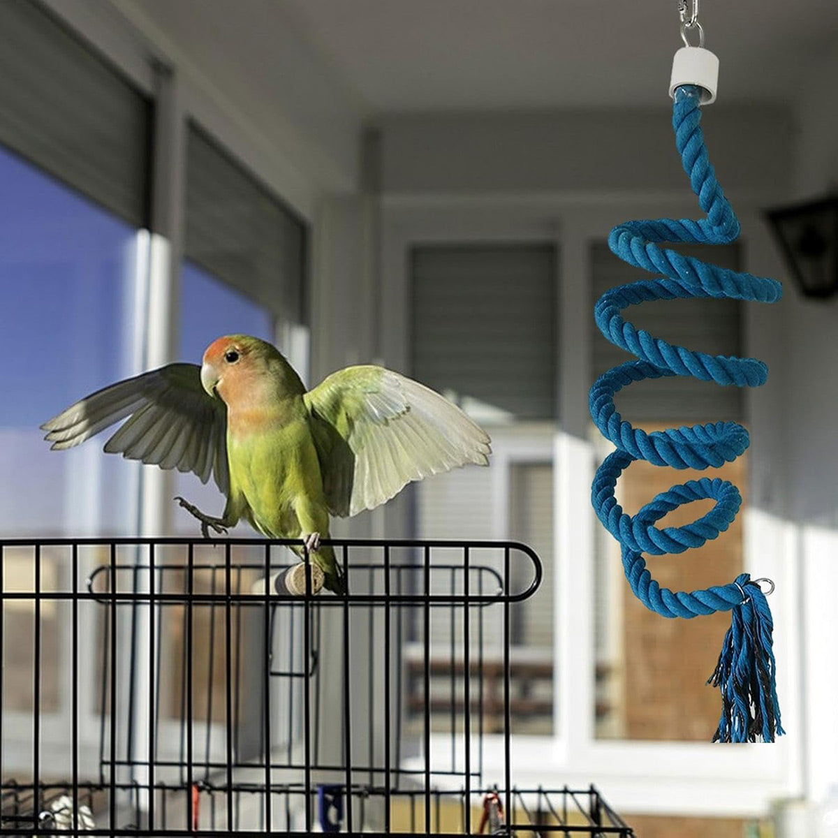 Bird Climbing Rope Toy Cotton Spiral Ladder Parrot Cage Hanging Swing Pet Toy - Blue