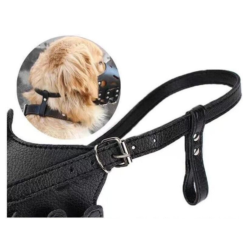 Adjustable Leather Pet Dog Mask Mouth Muzzle Anti Barking Bite Stop Chewing Brown - L