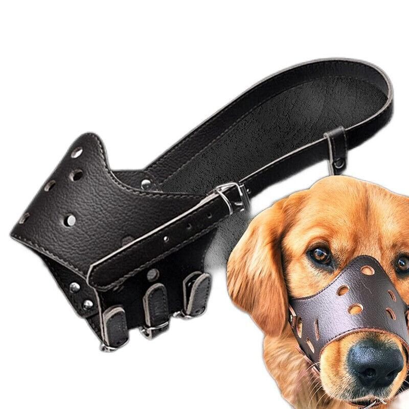 Adjustable Leather Pet Dog Mask Mouth Muzzle Anti Barking Bite Stop Chewing Brown - S