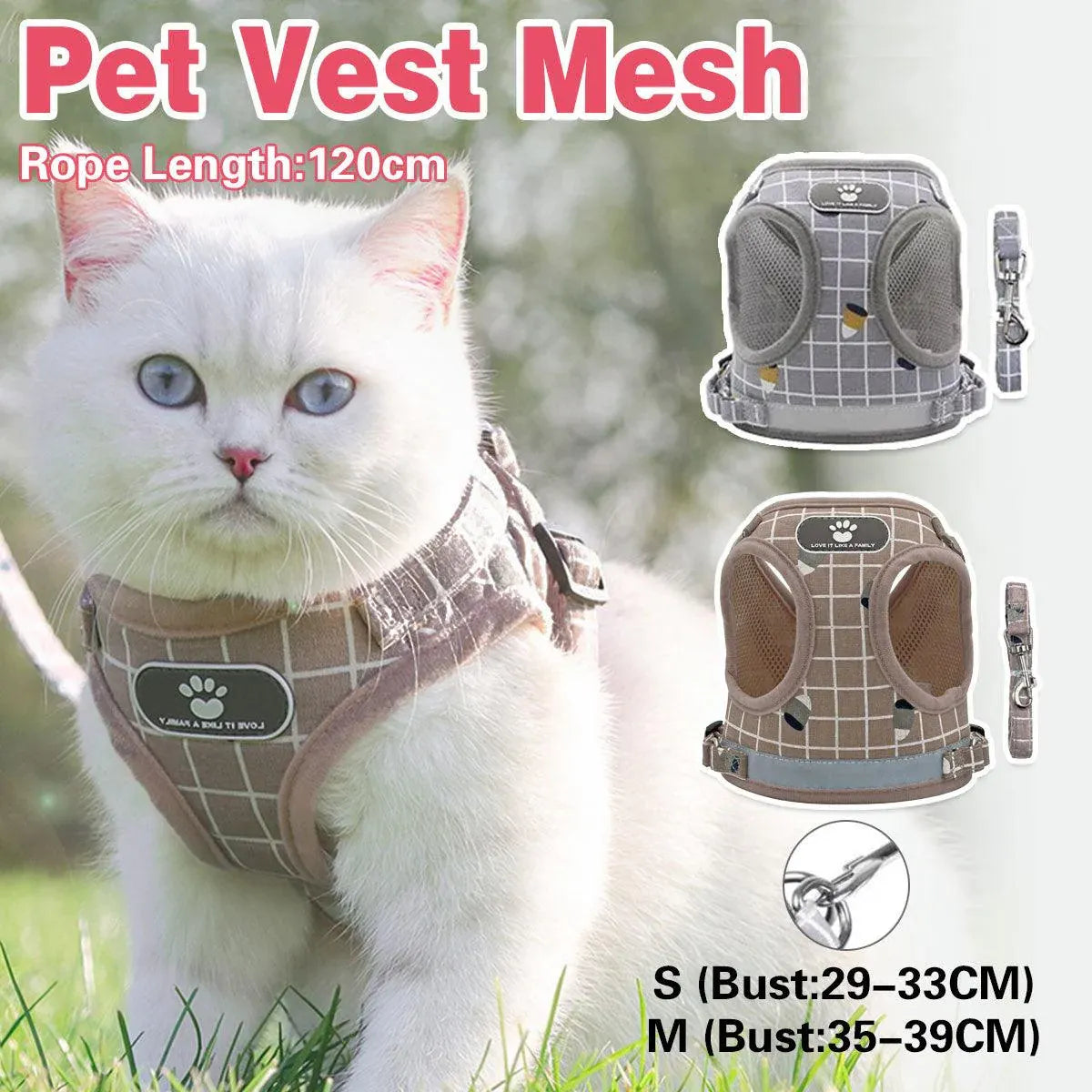 Pink Kitten Dog Cat Walking Harness Lead Leash Collar Pet Vest Mesh Adjustable - M