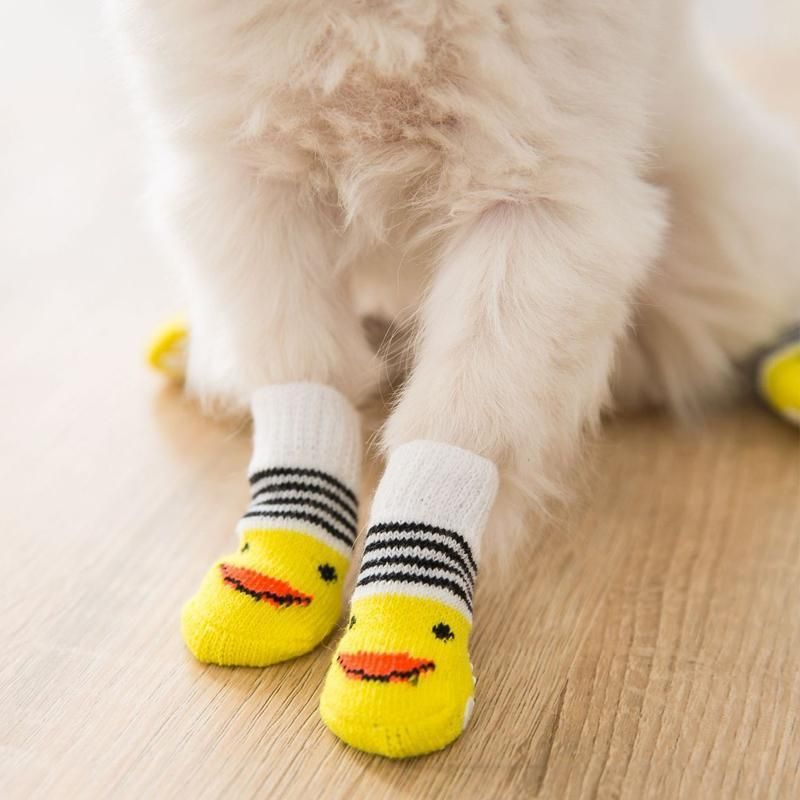 Non Slip Pet Socks for Dogs and Cats Knitted Paw Protector with Grips L Size - Yellow ducklings