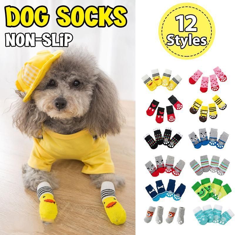 Non Slip Pet Socks for Dogs and Cats Knitted Paw Protector with Grips L Size - Grey tiger