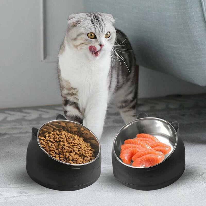 Pet Dog Cat Food Bowl Raised No Slip Stainless Steel Tilted Water Food Feeder - Black