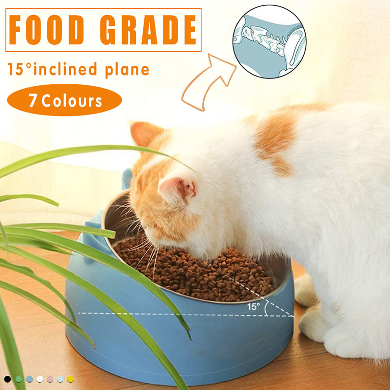 Pet Dog Cat Food Bowl Raised No Slip Stainless Steel Tilted Water Food Feeder - Blue