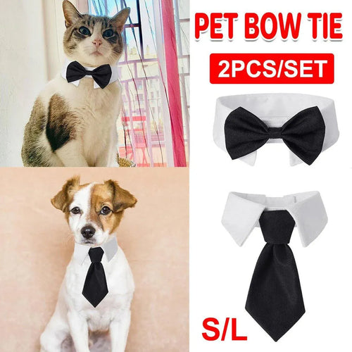 2pcs Pet Bow Tie Collar Dog Cat Suit Dress Accessories Adjustable Neck Strap - L