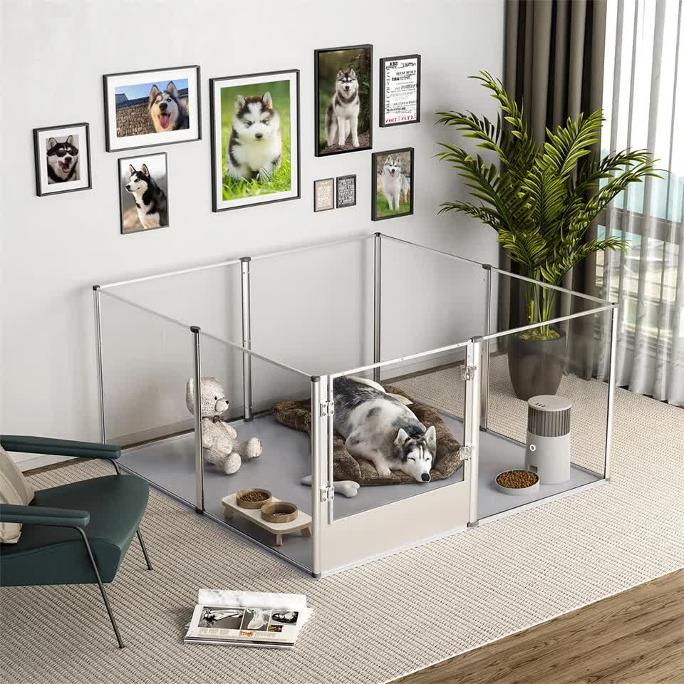 81cm Highest Acrylic Dog Whelping Pen Box Safe Aluminum Frame Pet Playpen w/ Mat