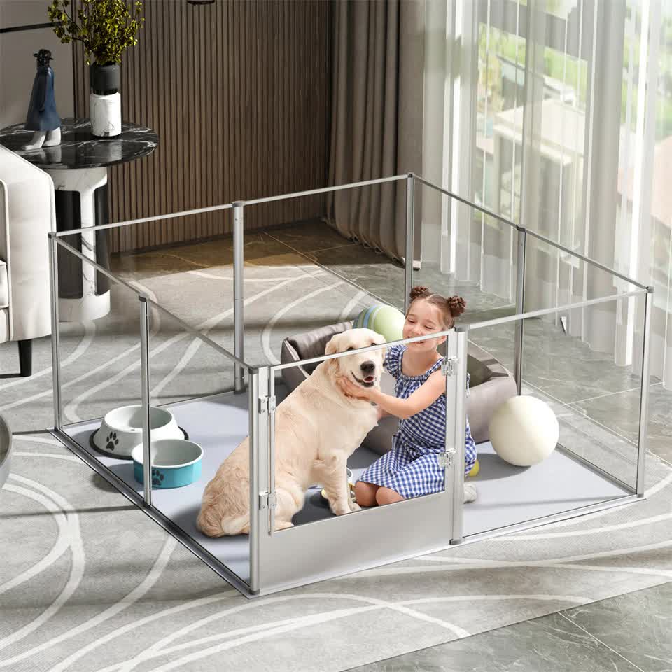 81cm Highest Acrylic Dog Whelping Pen Box Safe Aluminum Frame Pet Playpen w/ Mat