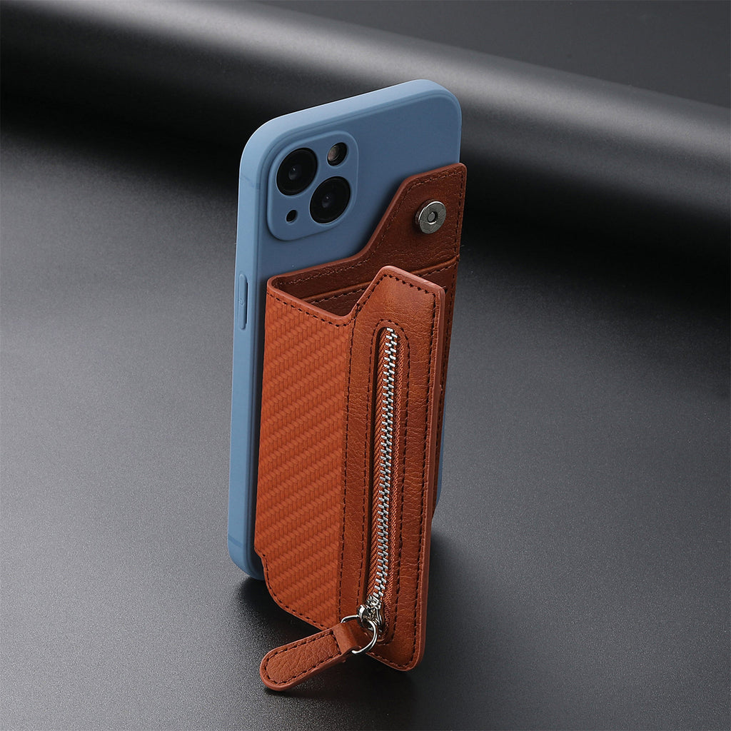 2 Pcs Khaki Multifunction Stick-On Phone Wallet - PU Leather Card Holder with Zipper & Flip Cover